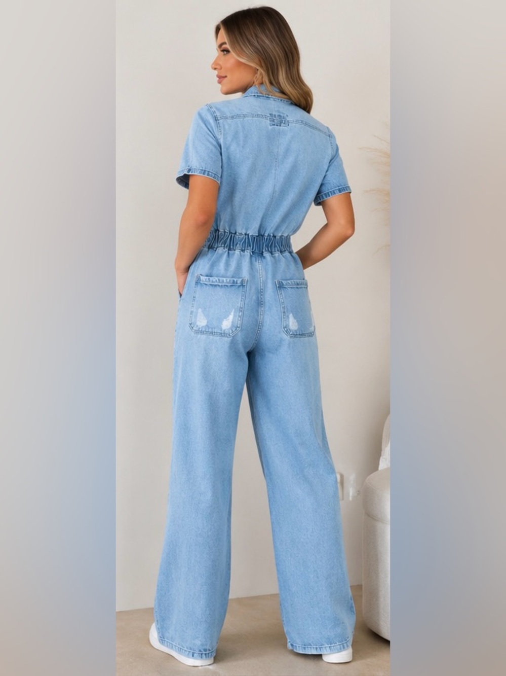 Forever 21 Light Blue Wide-Leg Button Front Short Sleeve Denim Jumpsuit Y2K XS - Picture 2 of 14